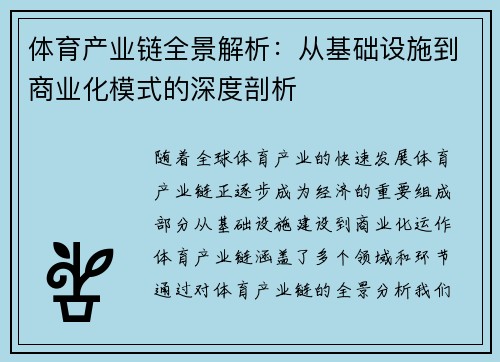 体育产业链全景解析：从基础设施到商业化模式的深度剖析