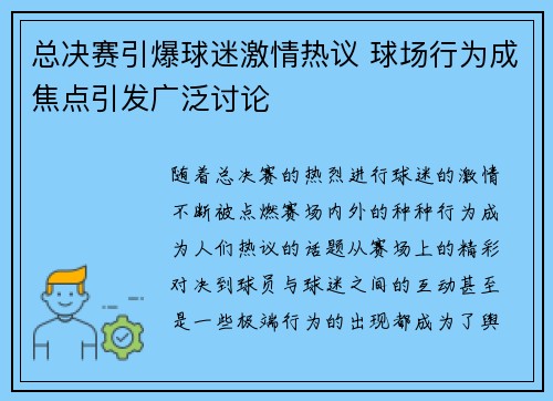 总决赛引爆球迷激情热议 球场行为成焦点引发广泛讨论
