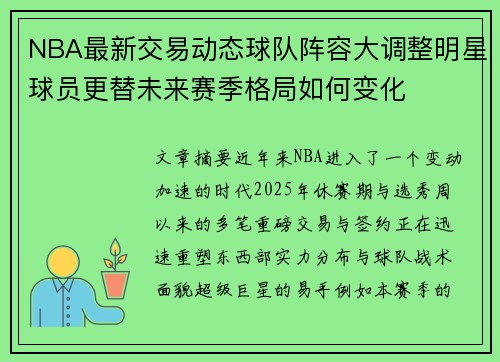 NBA最新交易动态球队阵容大调整明星球员更替未来赛季格局如何变化