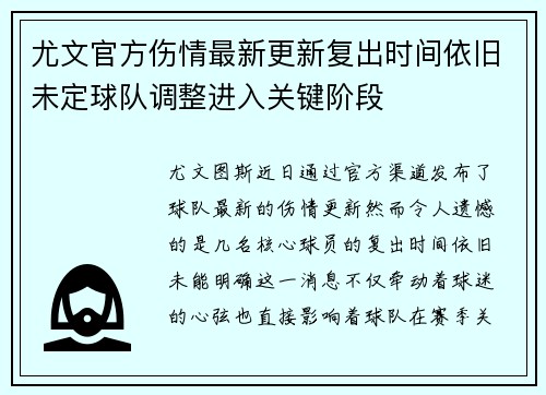 尤文官方伤情最新更新复出时间依旧未定球队调整进入关键阶段