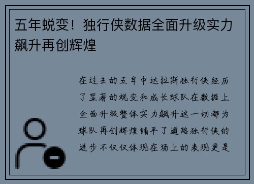 五年蜕变！独行侠数据全面升级实力飙升再创辉煌