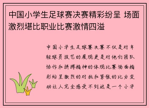 中国小学生足球赛决赛精彩纷呈 场面激烈堪比职业比赛激情四溢