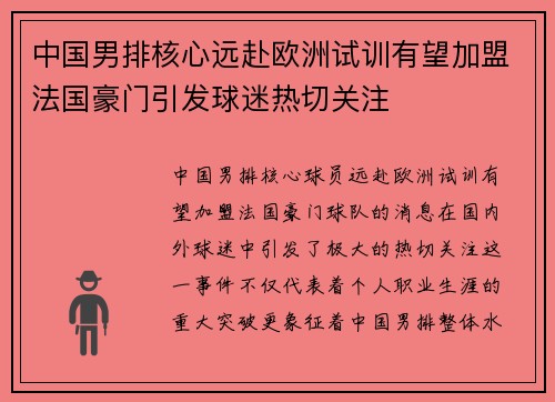 中国男排核心远赴欧洲试训有望加盟法国豪门引发球迷热切关注 中国男排核心远赴欧洲试训有望加盟法国豪门引发球迷热切关注